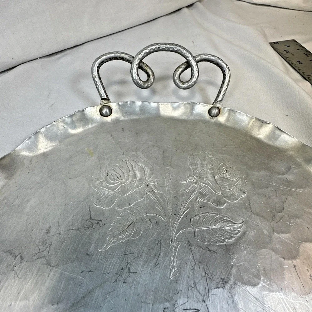 Vintage Aluminum Tray  Forged Hammered Floral Design  Serving Tray  USA